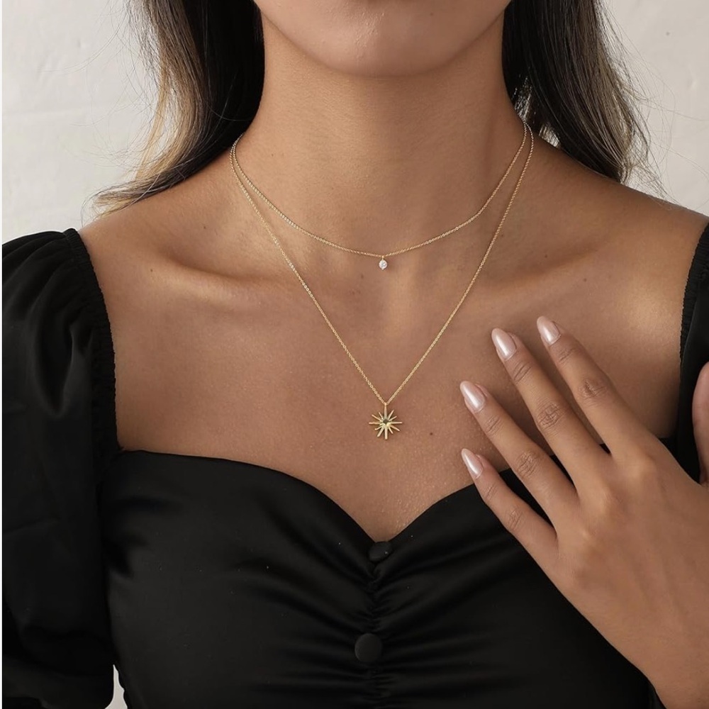 Luxury 14K Gold Plated Tear Circle Sunburst Pendant Necklace